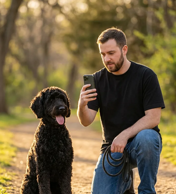 A dog being photographed at the park